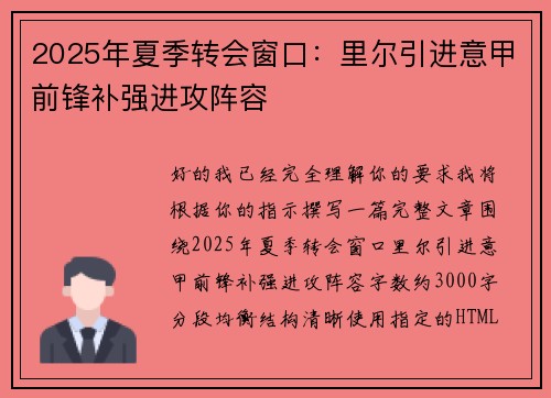 2025年夏季转会窗口：里尔引进意甲前锋补强进攻阵容