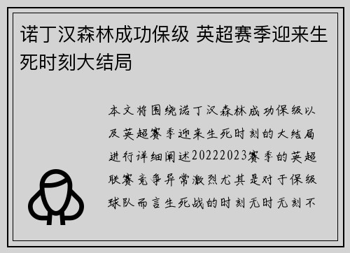 诺丁汉森林成功保级 英超赛季迎来生死时刻大结局
